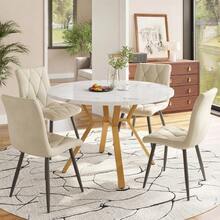 Dining Room Set, Table And Chairs (5 Pieces), Modern And Minimalist Style, Round Marble Table, Gold Metal Table Legs + 4 Ergonomic Beige Velvet Chairs. - Gold - View 12