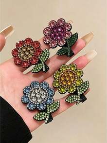 4pcs Shiny Crystal Flower Hair Clips For Teenage Girls, Crystal Inlaid Flower & Leaf Decor Hair Accessories, Sweet & Fashionable For Party And Daily Wear - Multicolor - View 2