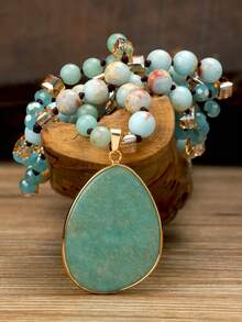 Yumfeel Natural Shoushan Stone Necklace & Bracelet Set, Amazonite Teardrop Pendant, Autumn/Winter Fashion Versatile Accessory, Holiday Gift - Multicolor - View 5
