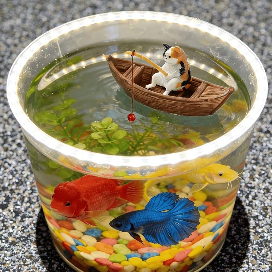 2件創意水族箱微景飾品,可愛貓咪坐在船上釣魚裝飾,高品質樹脂耐用魚缸裝飾,海洋主題微景飾品 - A - 查看 1