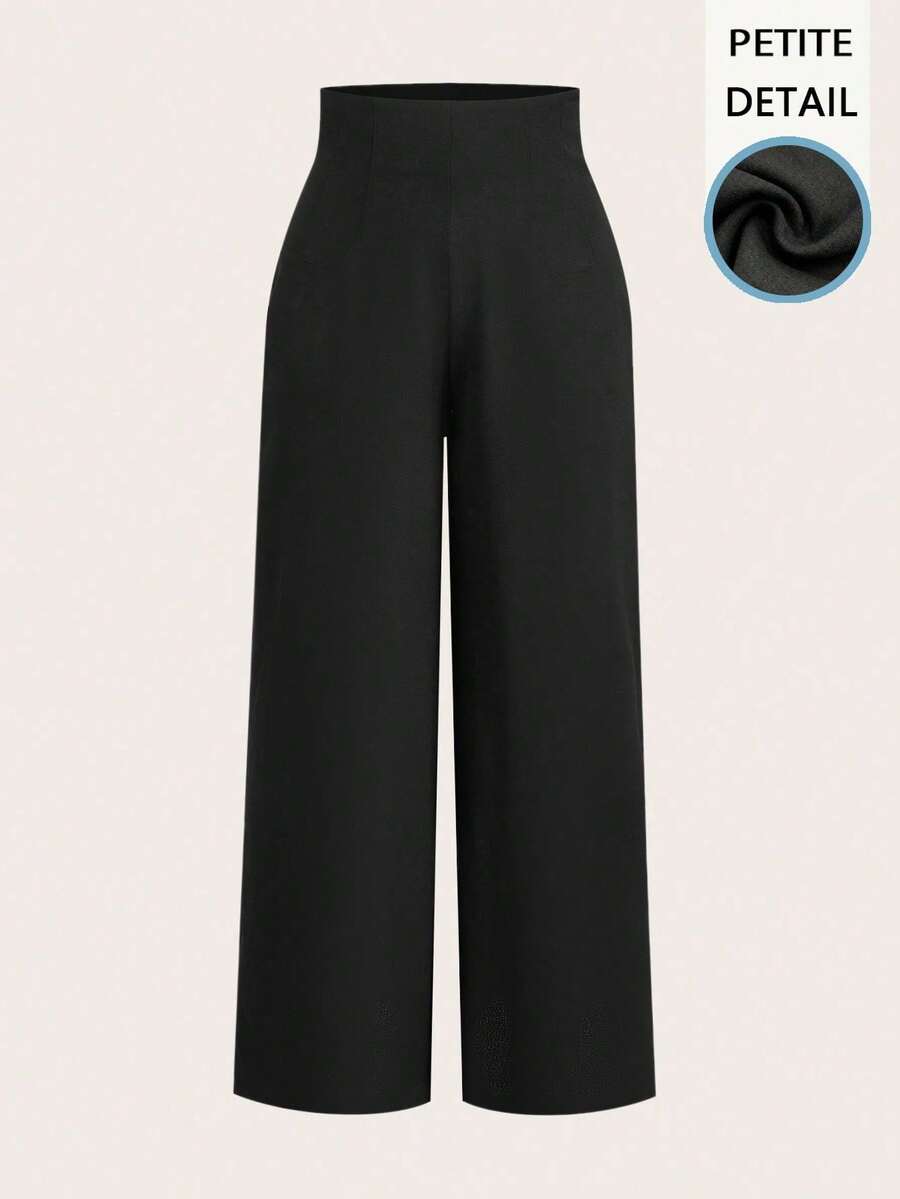 PETITE Pantalón texturizado de tiro alto de pierna ancha, de moda simple y casual para el regreso a la escuela, para ir y venir al trabajo - Negro 4 - Ver 1