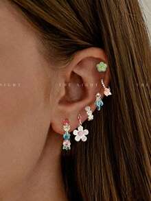 6pcs/Set Colorful Zirconia Flower Earrings & Ear Clips, Fashion Elegant Jewelry Set For Women, Suitable For Party, Holiday, Date Or Wedding - Silver - View 1