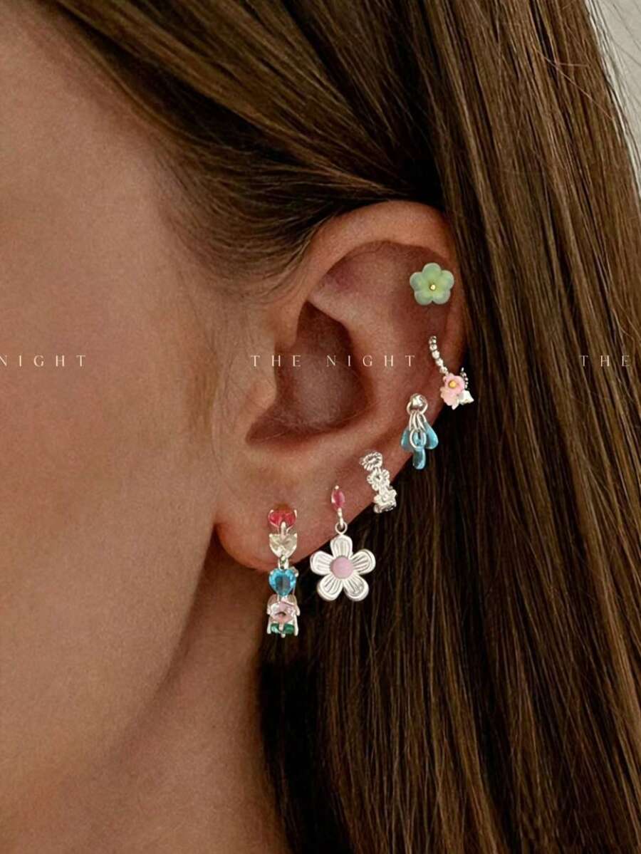 6pcs/Set Colorful Zirconia Flower Earrings & Ear Clips, Fashion Elegant Jewelry Set For Women, Suitable For Party, Holiday, Date Or Wedding - Silver - View 1