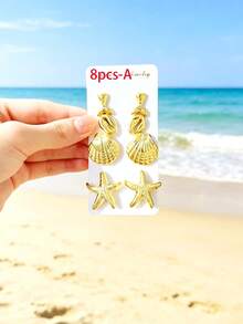 1/8 Pares Conjunto de Brincos de Botão Estilo Oceano Dourado, Conjunto de Brincos Estilo Férias com Design de Sereia/Estrela-do-mar/Concha/Concha/Garra de Caranguejo - Dourado - Visão 7