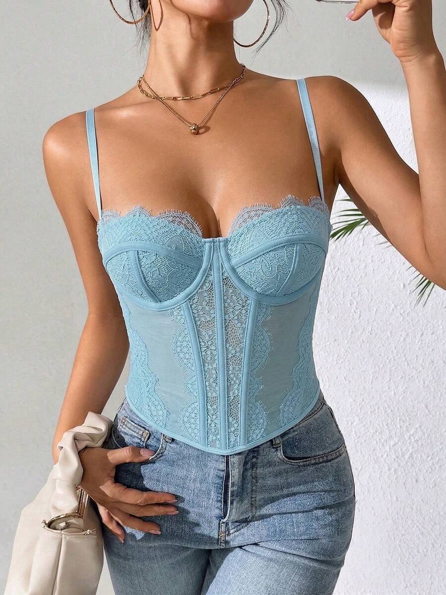 1 Piece Women's Lace Trim Fitted Crop Top, Sexy Tight Corset Top, Suitable For Party, Travel, Gathering, Christmas, Valentine's Day, Casual Summer, Black - 賽萊斯特 - 查看 1