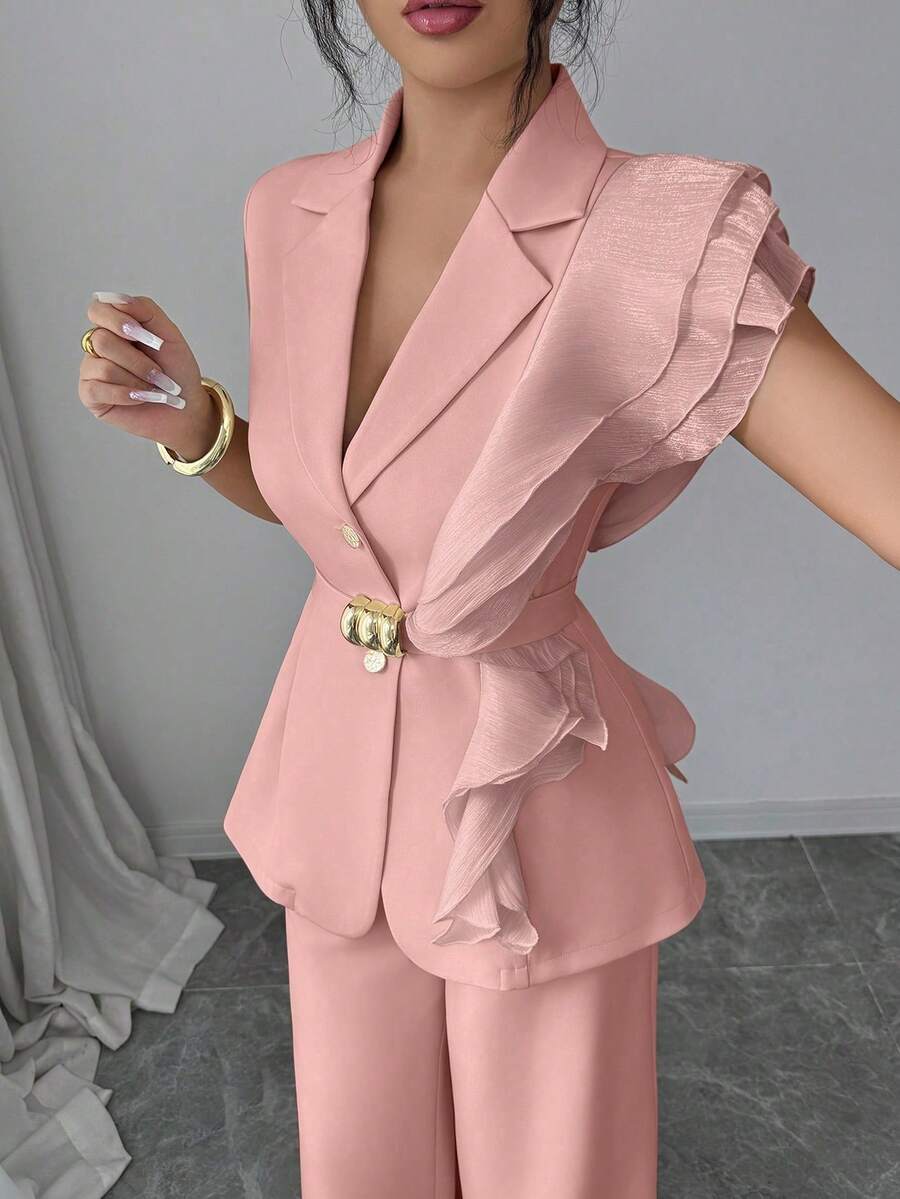 Elenzya Traje formal elegante de mujer color albaricoque, conjunto de blazer con cuello de volantes de organza con lentejuelas y cintura con lazo, que incluye chaqueta sin mangas y pantalones rectos, color burdeos, adecuado para Halloween, Navidad, Año Nuevo, ceremonia de graduación, boda y otras ocasiones - Rosa Pálido - Ver 1