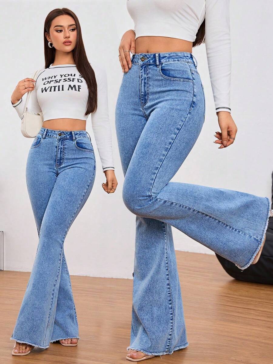 Tall Pantalones vaqueros casuales de mujer con bolsillos y botones delanteros, de uso diario - Azul 2 - Ver 1
