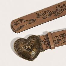 1pc Women's Bronze Horse Metal Buckle Horse Engraved Embossed Belt, A Versatile Decorative Belt For Jeans, Suitable For Daily Travel - 棕色馬 - 查看 3