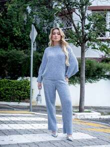 Women's Cold Weather Set In Ribbed Mousse Knit - Oversized Blouse And Pants | Fits Sizes 36 To 44 | Textured Pattern | Wool-Like Fabric | Drawstring Pocket | Women's Clothing | Daily Wear | Autumn/Winter - Tile - View 7