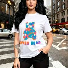 Camiseta de mujer con estampado de oso atigrado multicolor y frase "OVER BEAR" - camiseta casual de cuello redondo, ajuste cómodo y moderno con estilo urbano y divertido - ideal para paseos por la ciudad, reuniones con amigas y regalo perfecto para m - Blanco - Ver 10