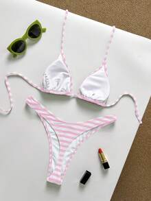 Women's Basic Striped Print Swimwear, Suitable For Various Occasions From Pool To Beach In Summer, Daily Mini Triangle Bikini Beach Outfit Vacation Pink - Pink - View 4