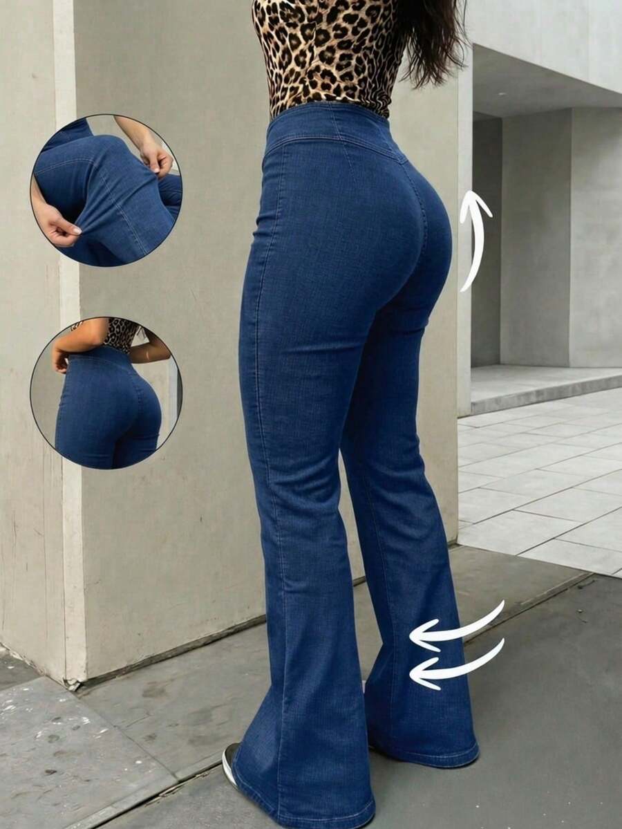 Jeggins dama mujer talle alto tipo acampanados flare ajuste elástico en cintura cómodo ligero moda juvenil versátil stretch - Azul lavado medio - Ver 1