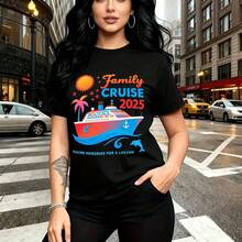 Camiseta de mujer con estampado de crucero familiar 2025, barco rojo y blanco, delfines y palmeras - camiseta casual de manga corta, ajuste cómodo y moderno, estilo veraniego y festivo - ideal para vacaciones, días soleados y regalo perfecto para mam - Negro - Ver 9