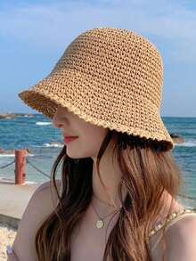 1件式女款透氣鉤編草編遮陽帽 可折疊百搭海灘旅行帽 適合戶外日常春夏季配戴 - A - 查看 4