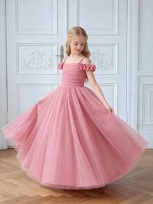 Tween Girls Solid Color Spaghetti Strap Lace Mesh Elegant Long Birthday Party Dress, Suitable For Flower Girl At Wedding, Dinner Party, Without Headband - Dusty Pink - View 2