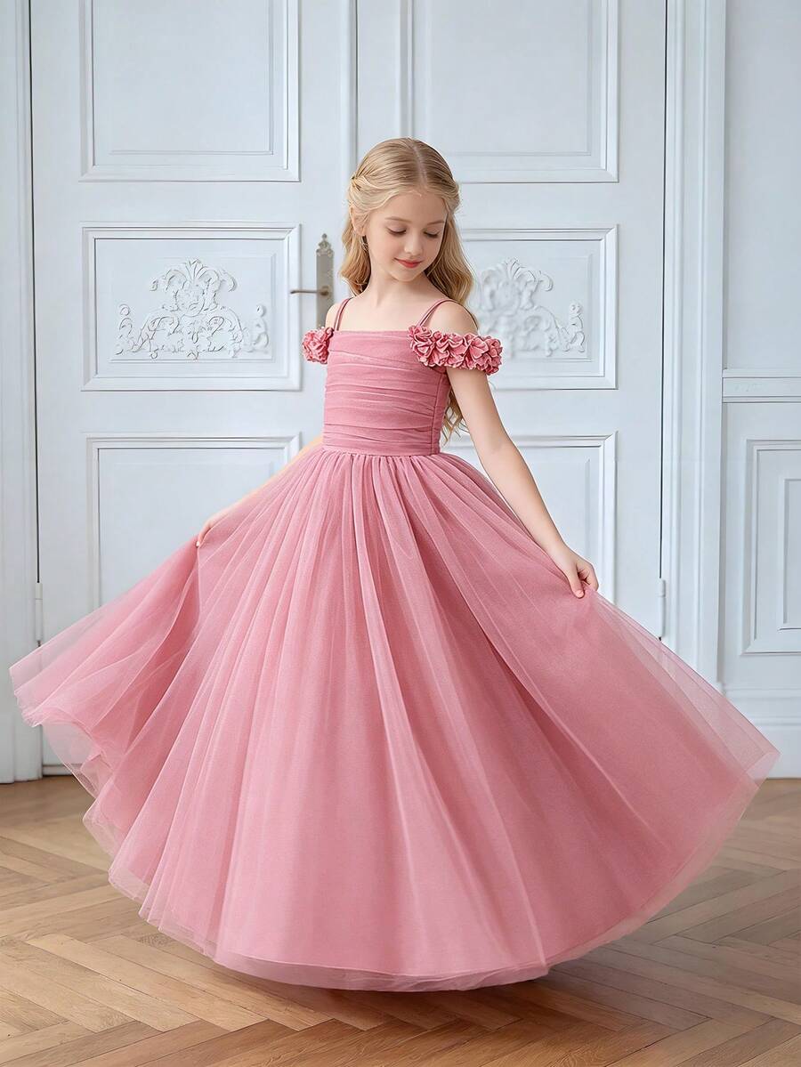 Tween Girls Solid Color Spaghetti Strap Lace Mesh Elegant Long Birthday Party Dress, Suitable For Flower Girl At Wedding, Dinner Party, Without Headband