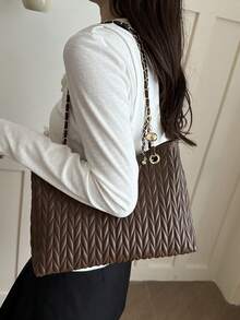 Bolso de mano de gran capacidad para mujer, bolso de hombro con cadena elegante, nueva bolsa de moda para debajo del brazo, bolso de lino retro - Café 3 - Ver 4
