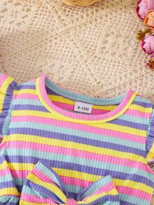 2pcs/Set Toddler Girls' Casual Cute & Elegant Bow Decor Striped & Solid Color Ruffle Hem Dress Outfit, Summer - Multicolor - View 6
