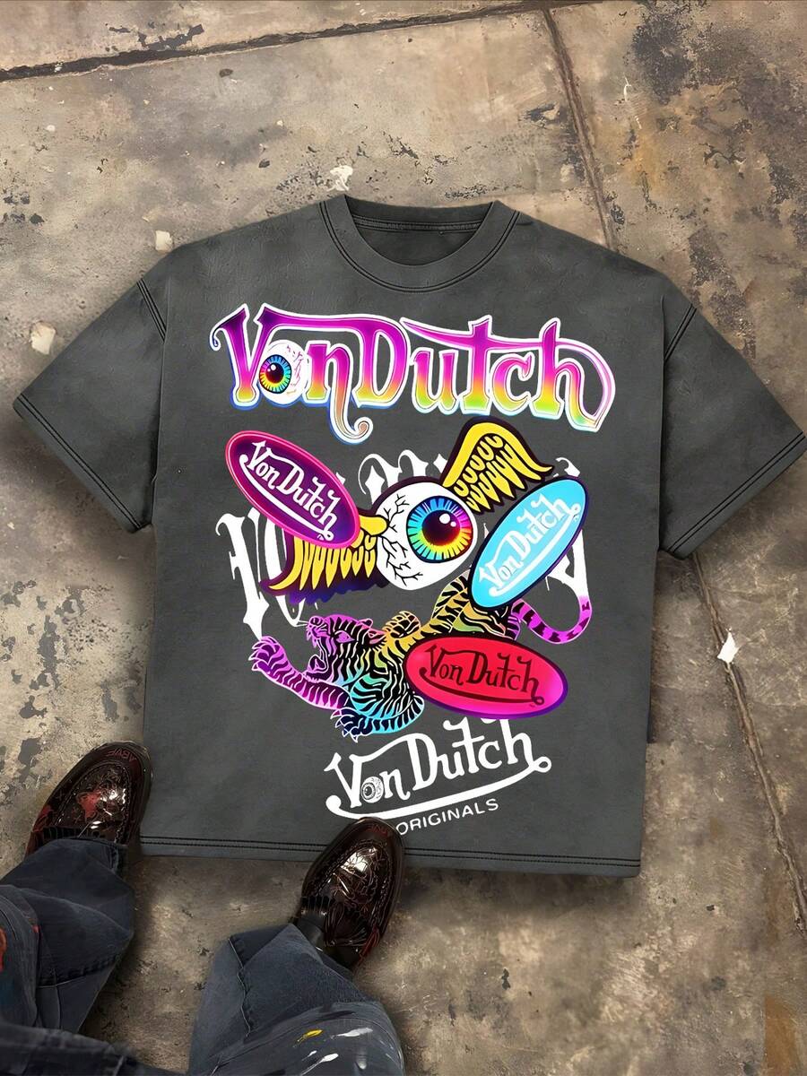 Von O Dutch Classic Sci-Fi Style Tops - Oversized Old Printed Washed T-Shirt. Men's 100% Cotton, Loose Fitting, Y2K Street Retro Casual Urban Aesthetics, 100% Cotton Pullover. Gifts Men Clothes Men Shirts Graphic Teens Men Vintage T Shirts Graphic Tees Tanktop - Dark Grey - View 1