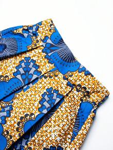 Casual African Style Blue & Yellow Floral Elastic Waist Skirt - Blue - View 3
