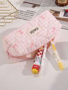 A Exquisite Checkered Bow Pattern Portable Pencil Case, Desktop Organizer Storage Bag, Stationery Storage Pencil Case, Back To School, First Day Of School - Multicolor - View 7