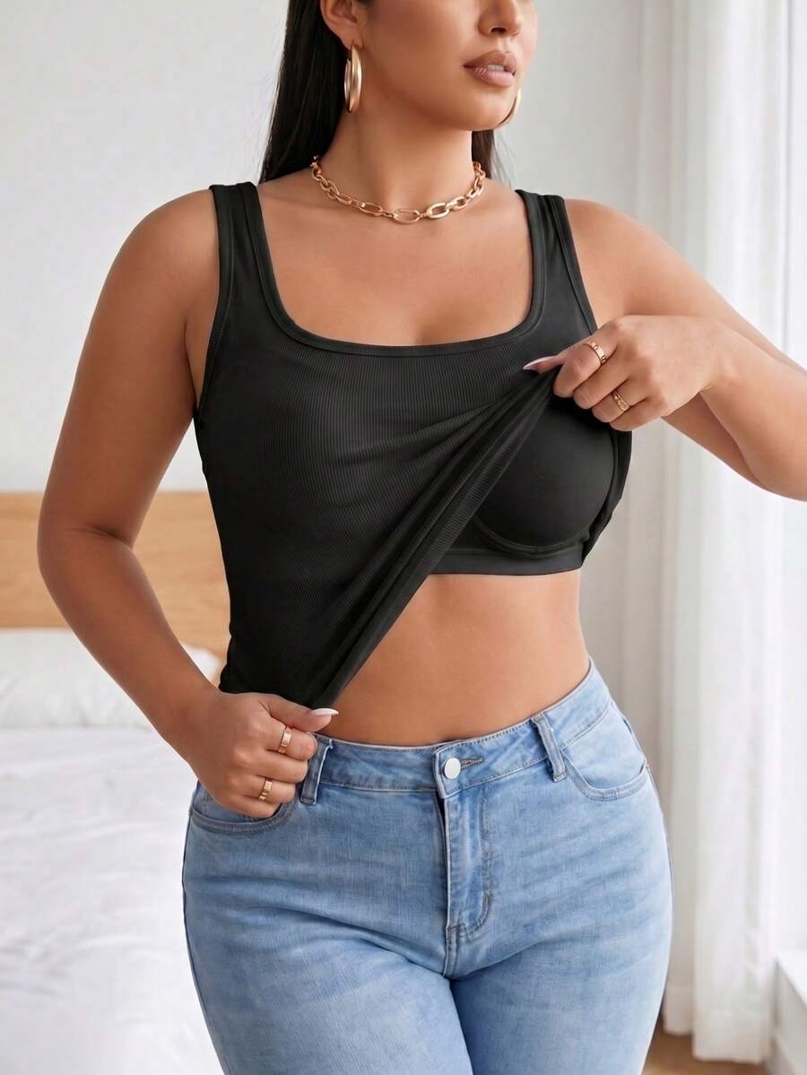 1pc Solid Color Fitted Wide Strap Tank Top, Built-In Padded Cups, Basic Layering Top For Home And Commute - Black - View 1