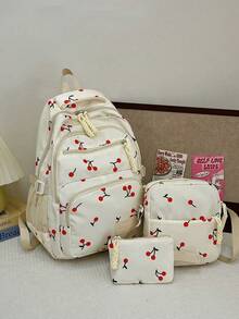 3pcs/Set White Nylon Casual Fresh Strawberry, Bow, Cherry Print Jacquard Drawstring Zipper Large Capacity Foldable Multi-Pocket Backpack Set, Suitable For Women Daily Matching, College Students, Training, School, Shopping, Travel - White - View 3
