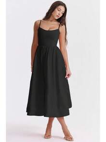 Women's Long Backless Spaghetti Strap Summer Dress - 黑色 - 查看 5