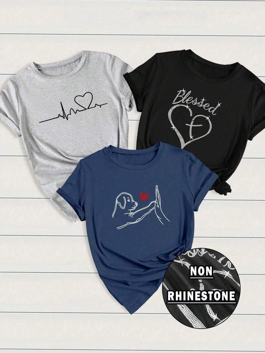 Set de 3 camisetas de manga corta con cuello redondo para mujer con estampados casuales de corazón, ECG y carta de amor - Multicolor 6 - Ver 1