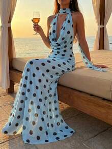 Vestido de mujer con cuello en V, corte evasé, volantes y espalda descubierta en color amarillo - Azul - Ver 1