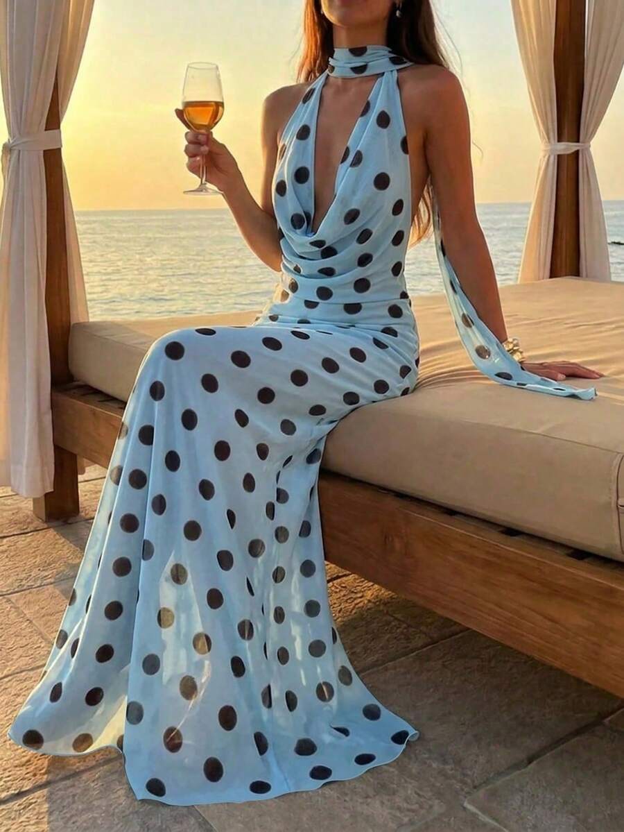 Vestido de mujer con cuello en V, corte evasé, volantes y espalda descubierta en color amarillo - Azul - Ver 1