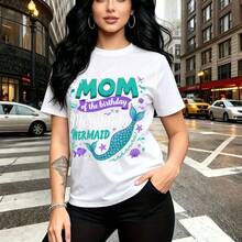 Camiseta de mujer con estampado divertido "MOM of the birthday Mermaid" con cola de sirena y elementos marinos coloridos - camiseta casual de manga corta con ajuste cómodo y estilo urbano ideal para la vida diaria en la ciudad, salidas informales y c - Blanco - Ver 7