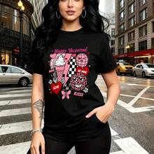 Camiseta de mujer con estampado festivo de San Valentín y dulces - camiseta casual de manga corta con diseño colorido de helados, donas y corazones, ajuste cómodo y moderno - ideal para celebraciones románticas, citas especiales y regalo perfecto par - Negro - Ver 9