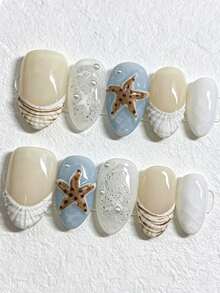 10Pcs Medium Short Almond Handmade Press On Nails, Summer Ocean Style With 3D Starfish Shell, Pearl & Glitter Details, Dopamine Sweet Y2K Beach Nails, Reusable Easy Application For Vacation Wedding Daily Outfits - Multicolor - View 2