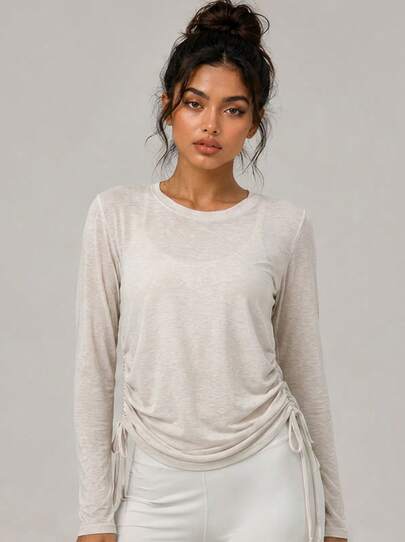 Never me Women's Drawstring Loose Fit Workout Pullover Shirt, Comfortable For Daily Running, Pilates, Yoga, Solid Color Semi-Sheer Long Sleeve Top