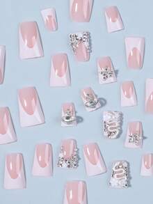 Y2K 24pcs Long Duck Nail Tips, White French Style, 3D Alloy Cross & Snake Decor, Rhinestone Embellished, Acrylic Fake Nails, Includes 1pc Jelly Glue And 1pc Nail File - Multicolor - View 4