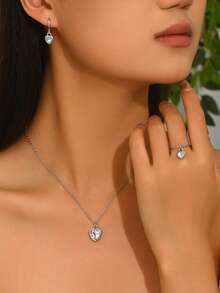 Set de 4 piezas de joyería minimalista de mujer con cristal en forma de corazón: collar, aretes, anillo, versátil para uso diario - Plata-N1053 - Ver 2