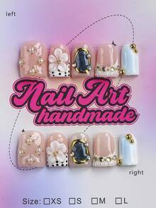 10pcs Square Shaped Handmade Nail Tips, Y2K Baddie Style, Nude & White Color With French Edge, Embossed, Water Droplets, Metal Studs, Asymmetrical Liquid Metal, Rhinestone Elements, Suitable For Party, Wedding, Daily Wear, Includes Tool Kit, Great Gift For Women And Girls - Multicolor - View 1