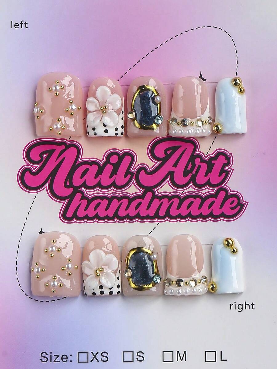 10pcs Square Shaped Handmade Nail Tips, Y2K Baddie Style, Nude & White Color With French Edge, Embossed, Water Droplets, Metal Studs, Asymmetrical Liquid Metal, Rhinestone Elements, Suitable For Party, Wedding, Daily Wear, Includes Tool Kit, Great Gift For Women And Girls - Multicolor - View 1