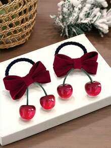2 buah Jepit Rambut Anak Perempuan Motif Pita Beludru Vintage Motif Ceri, Jepit Rambut Anak Perempuan Lucu, Jepit Samping - MultiWarna - View 5