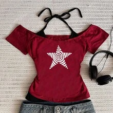Camiseta informal Harajuku 2026 para mujer, ropa de calle Retro , conjunto de dos piezas falso con estampado de cuello Halter, estilo callejero a - Rojo oscuro - Ver 1