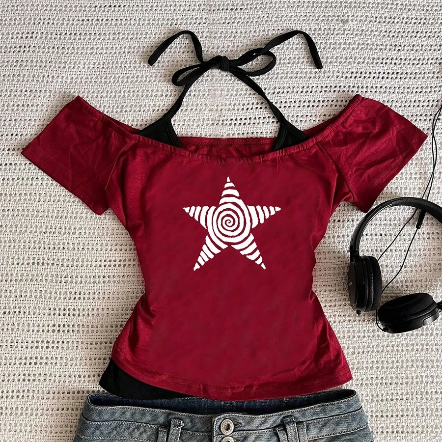 Camiseta informal Harajuku 2026 para mujer, ropa de calle Retro , conjunto de dos piezas falso con estampado de cuello Halter, estilo callejero a - Rojo oscuro - Ver 1