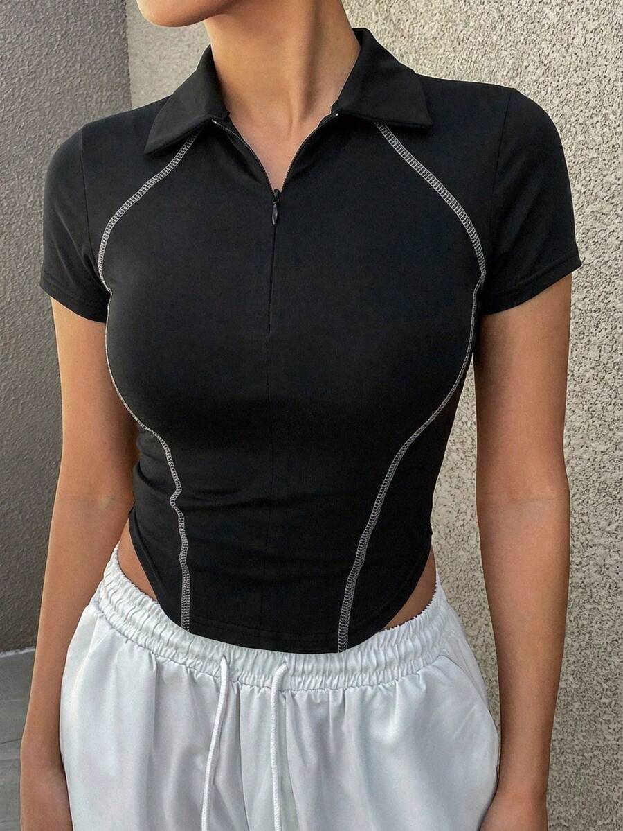 Camiseta deportiva casual de verano para mujer con cuello Mao, manga corta, ajustada y corta con cremallera hasta la mitad - Negro 3 - Ver 1