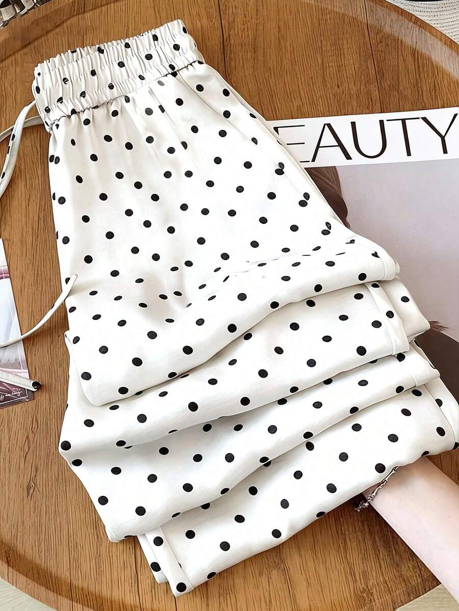Pantalones rectos de satén con lunares y cintura con cordón, cintura alta, sueltos y con caída, adecuados para vacaciones, ceremonias de graduación, festivales de música, estilo bohemio, Día de la Independencia, ir al trabajo y uso casual - Blanco - Ver 1