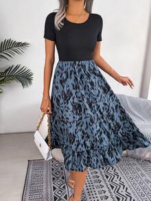 2026Vestido de empalme con estampado gráfico de manga corta, cuello redondo informal, ropa de mujer - Azul - Ver 1