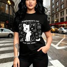 Camiseta de mujer con estampado de gato de Schrödinger y frases científicas "es mi animal espiritual" - diseño urbano con átomos y ecuaciones, ajuste cómodo y fresco para el clima cálido - ideal para paseos por la ciudad, eventos de ciencia o como re - Negro - Ver 8