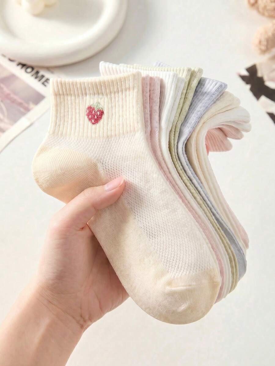 5雙女款可愛甜美透氣心形、蝴蝶結、草莓、櫻桃、熊圖案短隱形襪、船襪、踝襪,白色糖果色調,適合日常休閒穿著,四季通用返校季,趣味襪 - 彩色 - 查看 1