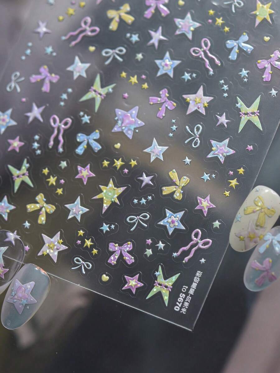 1pc 5D Shiny Dopamine Star Bow Nail Art Stickers Decals Colorful Long Ribbon Nail Art Sticker Self Adhesive Decoration Manicure Decal DIY - Multicolor - View 1