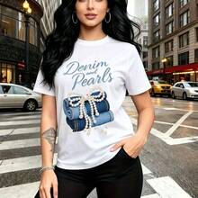 Camiseta de mujer con estampado "Denim and Pearls" y diseño de jeans enrollados con lazo de perlas - camiseta casual de manga corta, ajuste cómodo y elegante, estilo urbano chic - ideal para paseos por la ciudad, compras o como regalo perfecto para m - Blanco - Ver 8