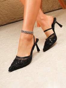 Sexy Mode Mesh Perlen Spitze Zeh Lack Absatz Lässig vielseitige Knöchelriemen Schwarze High Heel Sandalen für Frauen - Schwarz - Übersicht 2